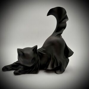Black Ghost Cat Statue Whimsical Stretching Tail Upwards Decorative Figure